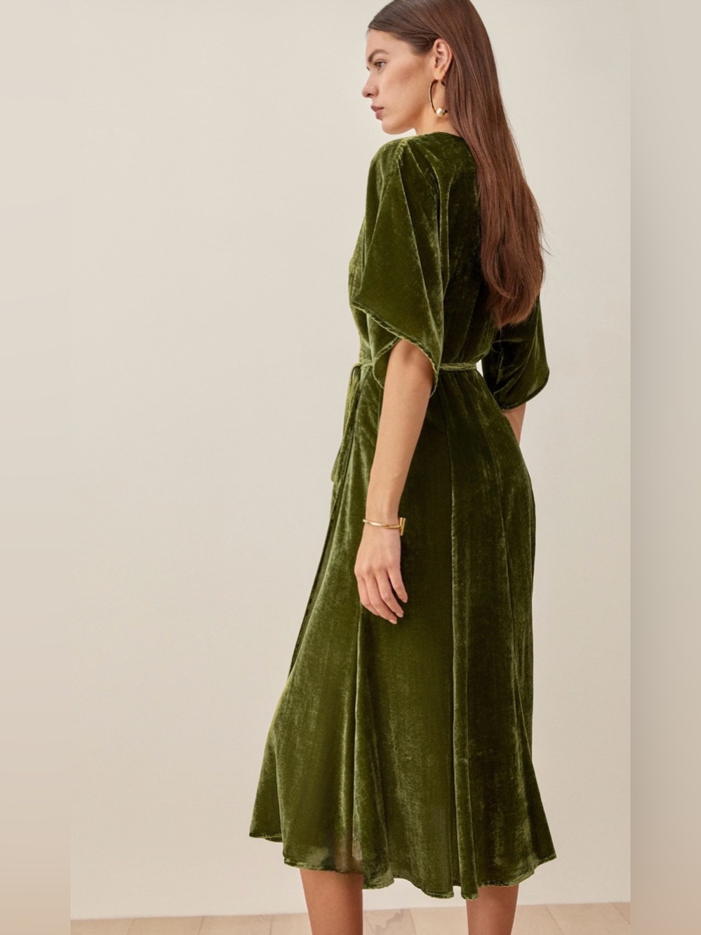 Reformation Analynne Velvet Wrap Dress Artichoke Green Midi High Slit - Picture 3 of 7